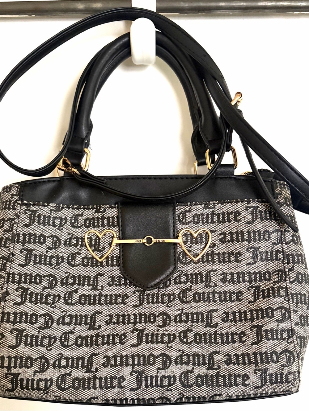 Juicy Couture Black and Beige Logo Shoulder Bag with Gold Heart Detail